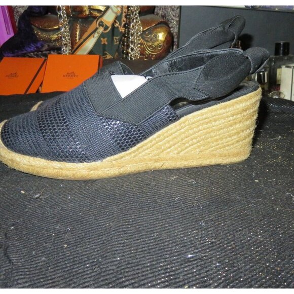 Ralph Lauren Helma Black Woven Leather Espadrille Wedges size 7 - Picture 1 of 10